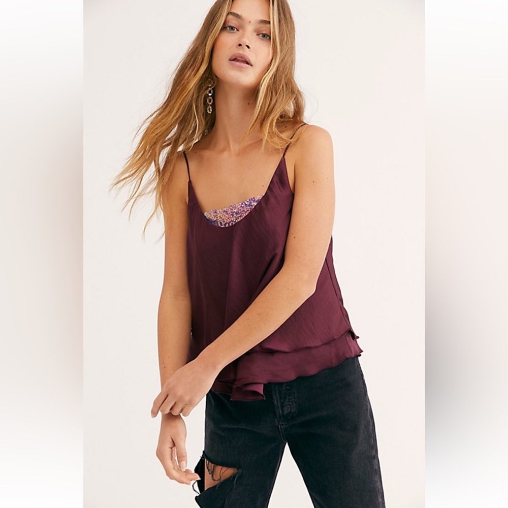 NWT Free People Turn It On Cami Satin and Sequin Top In Color Vetiver Bloom XS